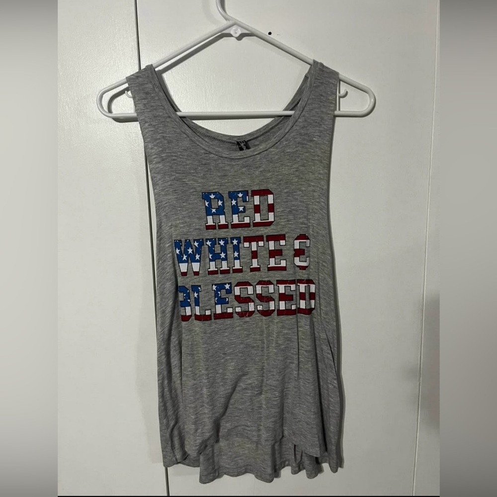 Gray Tank Top with Red White and Blue Graphic